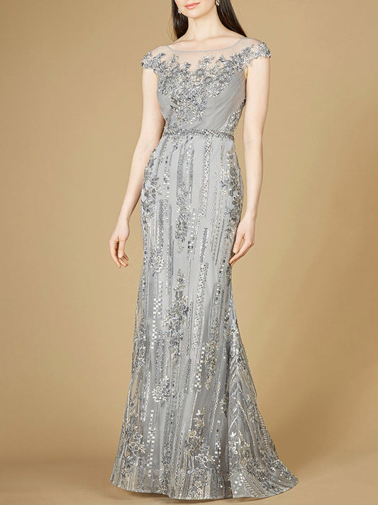 Vestido de encaje corte sirena con manga casquillo y cuello alto (OUTLET)