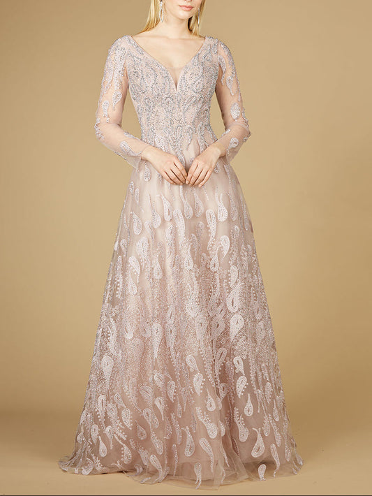 Long Sleeve V-Neck Ballgown  - OUTLET