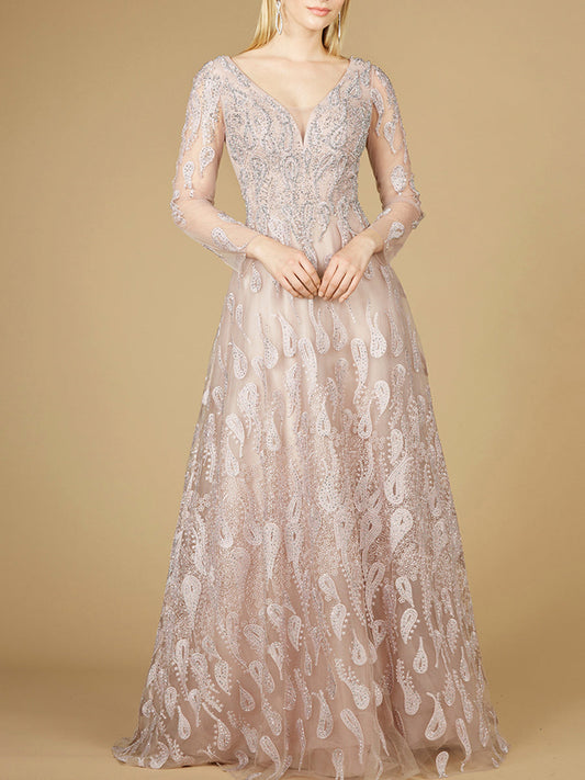 Vestido de gala con escote en V y manga larga - OUTLET