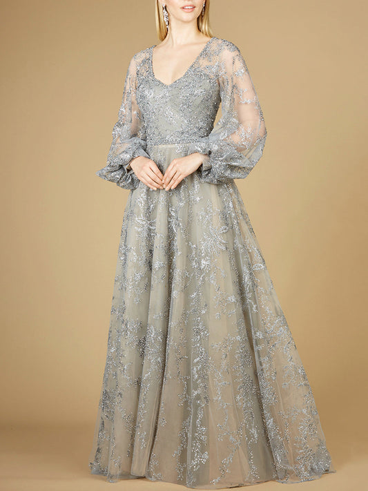 V Neckline Balloon Sleeve Gown