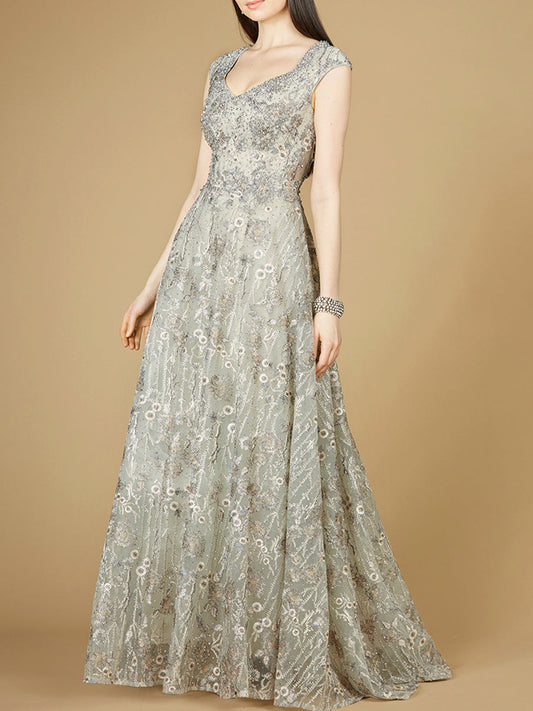 Cap Sleeve V-Neck Lace A-line Gown