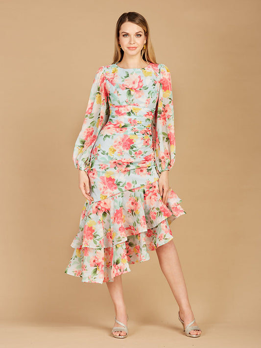 Vestido midi estampado de cuello alto con cordones y manga larga - OUTLET