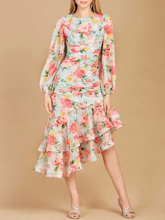 Vestido midi estampado de cuello alto con cordones y manga larga - OUTLET