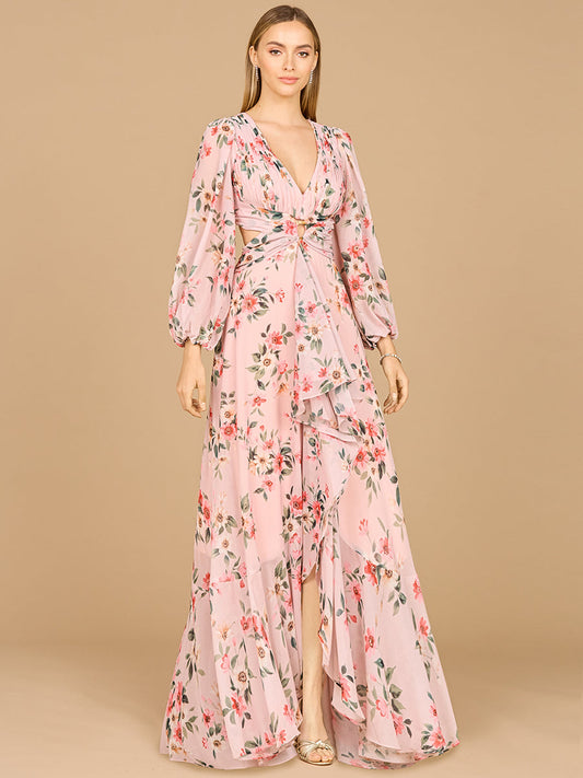 Long Sleeve V-Neck, Layered Skirt Print Dress- OUTLET