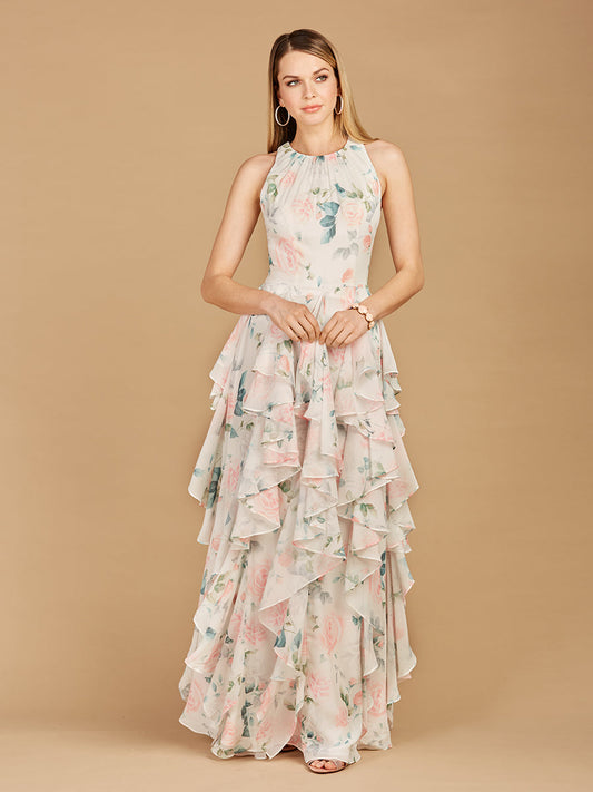 Vestido estampado con cuello alto y falda con volantes - OUTLET