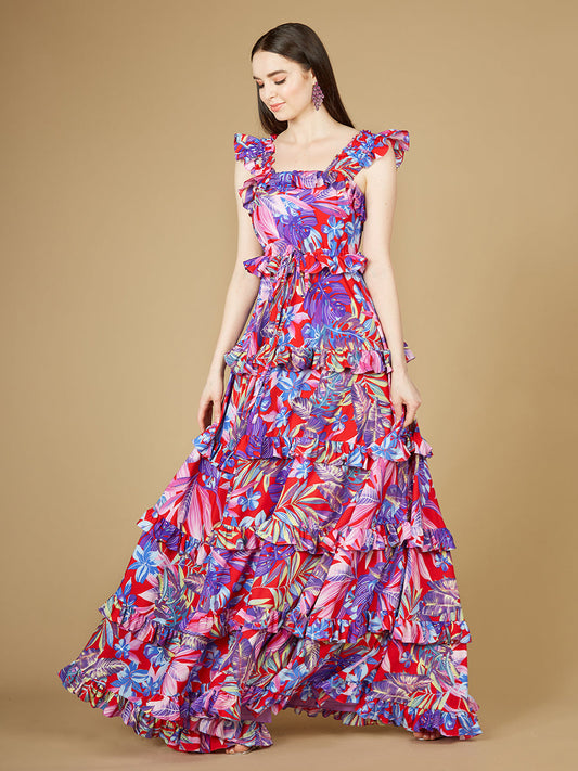 Printed Gown with Ruffle Skirt - OUTLET