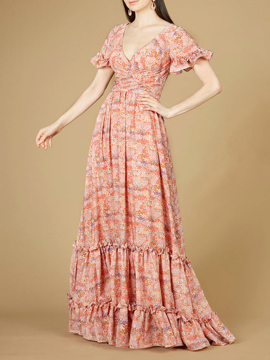 Long Print Gown with Cap Sleeves - OUTLET