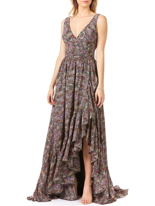Vestido largo estampado con cuello en V, estilo cruzado y bajo asimétrico (Hi-Low) OUTLET