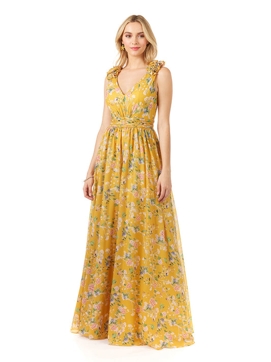V-Neck Long Print Gown with Straps