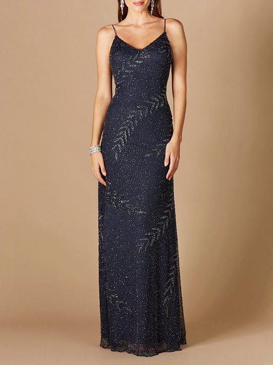 Beaded Spaghetti Strap Navy Full-Length Gown