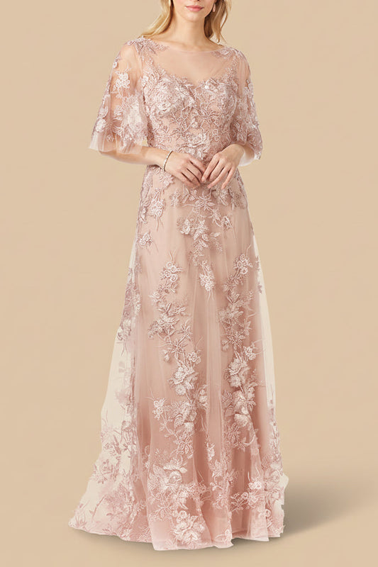 Vestido de encaje con mangas tipo capa y diseño modesto