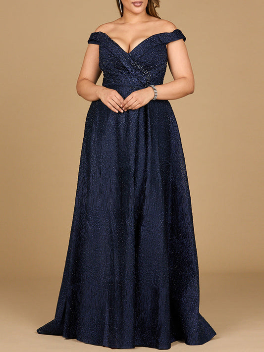 Vestido de gala con hombros descubiertos y pedrería tonal | 29349