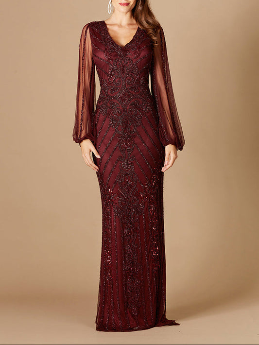 Long Flutter Sleeves Beaded Dress