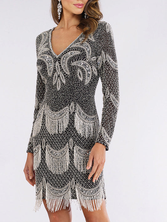Lara 29377 - Vestido de cóctel de manga larga con cuello en V, adornado con cuentas y flecos