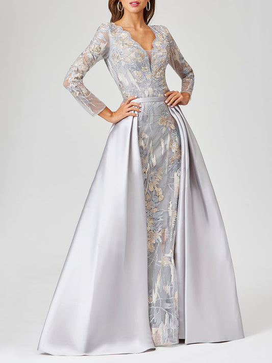 Vestido de encaje de manga larga con sobrefalda extraíble | 29468