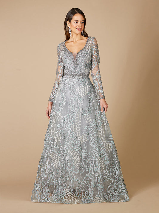 Long Sleeve Lace Ballgown with V-Neckline OUTLET