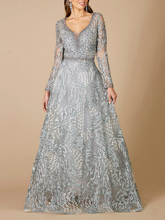 Vestido de gala de encaje con manga larga y cuello en V OUTLET