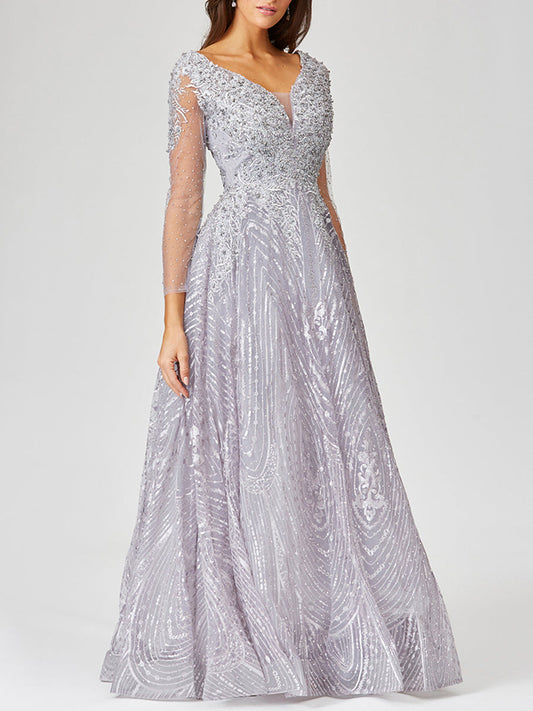 Vestido de gala de encaje de manga larga