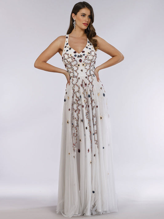 Lara 29544 - Vestido con pedrería, espalda cruzada al descubierto y falda fluida