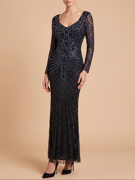 Lara 29602 - Vestido largo de manga larga con cuello en V y pedrería
