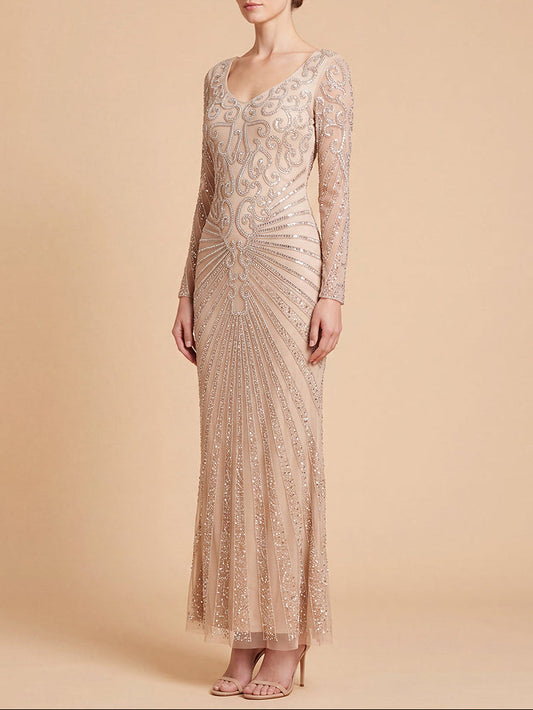 Lara 29602 - Vestido largo de manga larga con cuello en V y pedrería