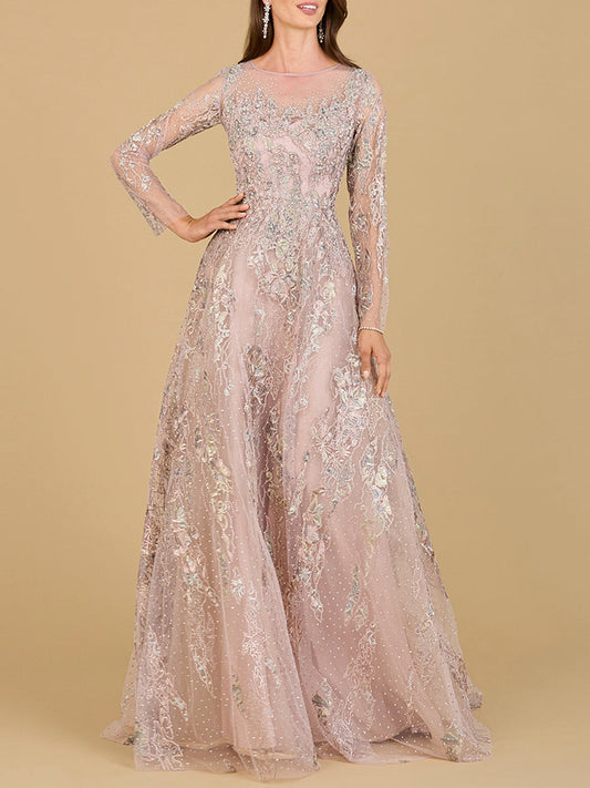 Lara 29618 - Vestido de línea A con mangas largas y cuentas