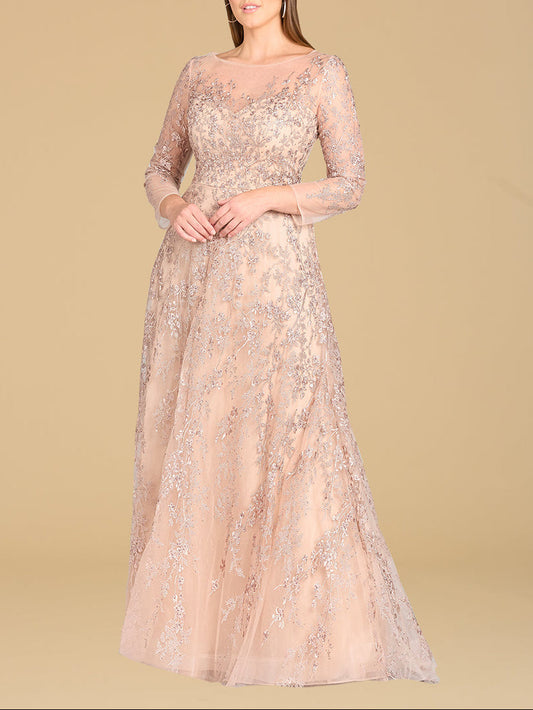 Lara 29677 - Vestido largo de corte evasé con escote ilusión y mangas largas