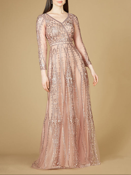 Long Illusion Sleeves, A-line Long Gown | Lara 29788