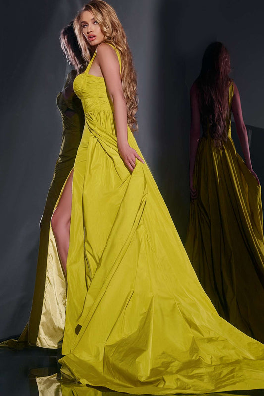 Lime High Slit Ball Gown with Ruched Bodice 38957