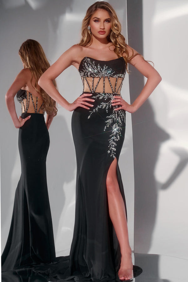 Strapless Gown with Embellished Sheer Bodice and Side Slit 43246