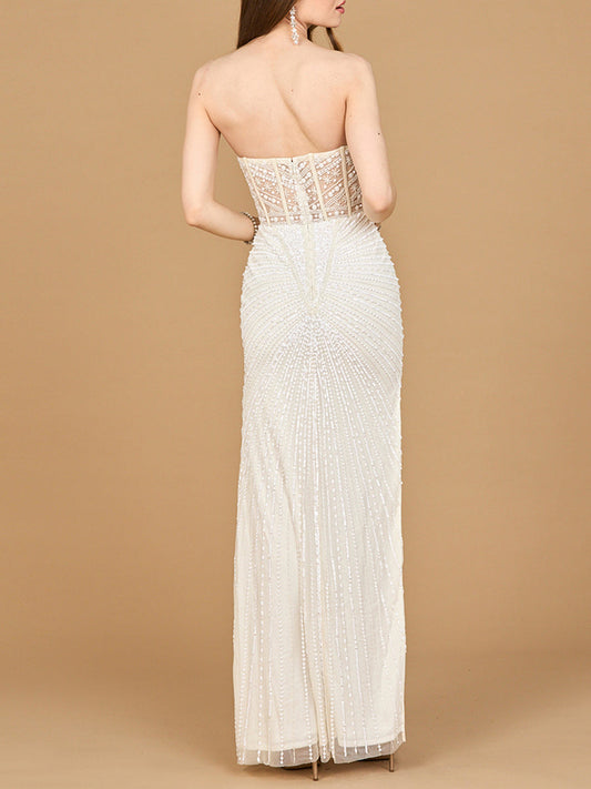 Vestido largo sin tirantes con adornos y abertura | 51189