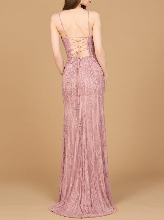 Beaded Lace-up Dress with Slit