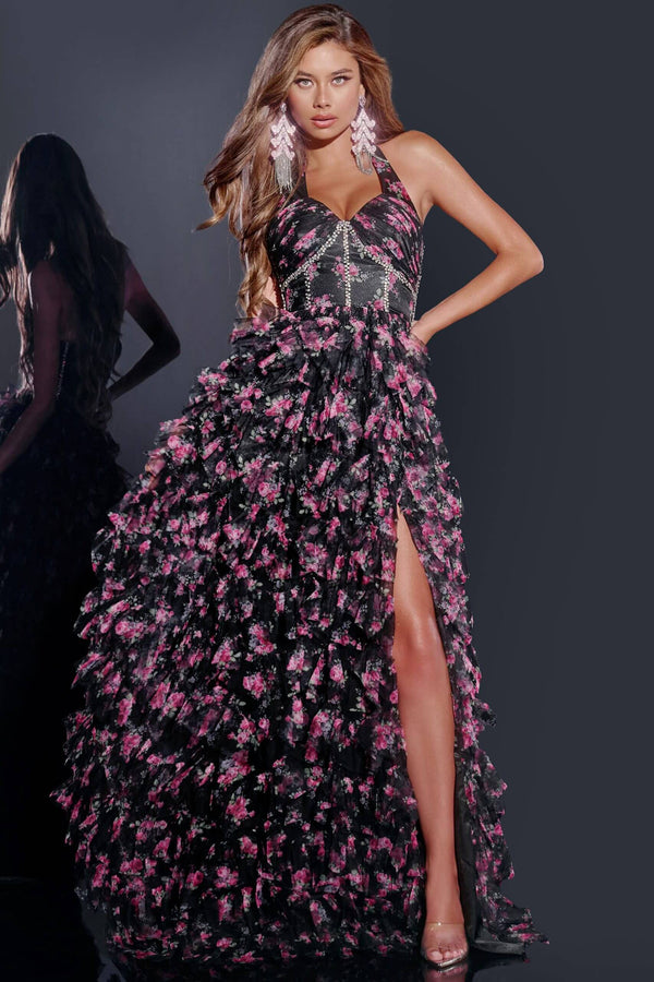 Floral Tiered Gown with Elegant Slit D5065