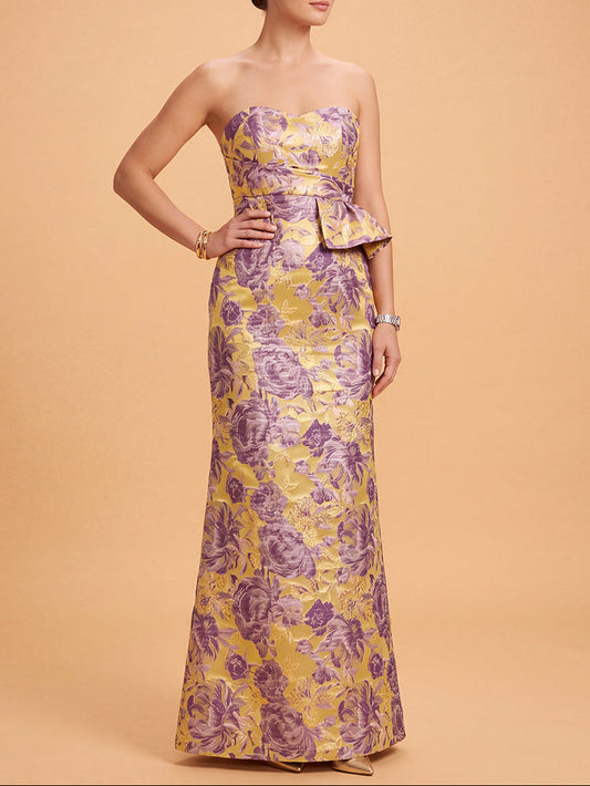Lara Strapless Brocade Gown with Peplum Detail | 400014