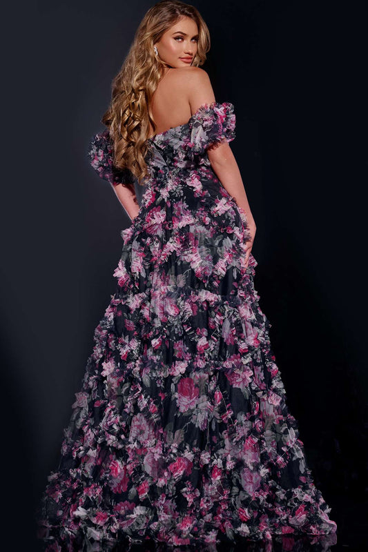 Off-the-Shoulder Floral Gown with Layered Ruffle Details 40331

