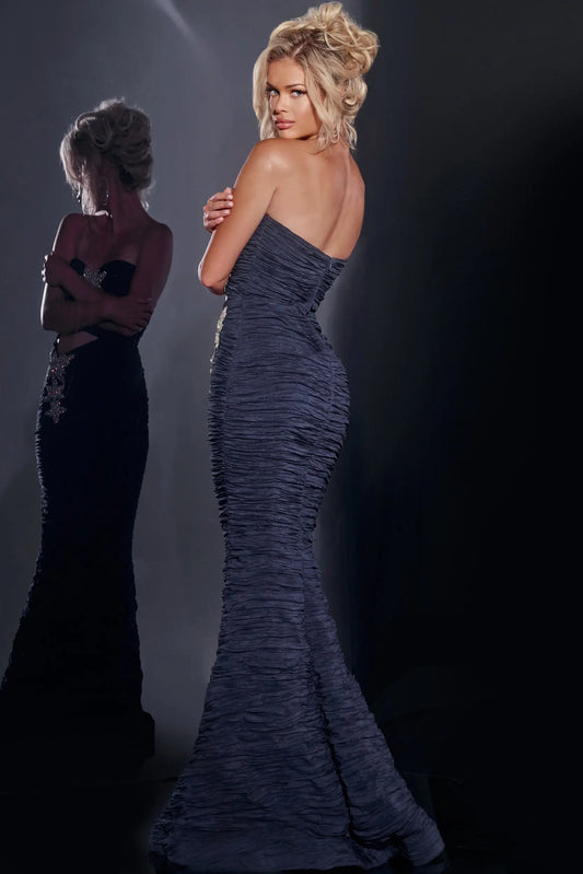 Ruched Gown with Cutouts and Crystal Embellishments 40174