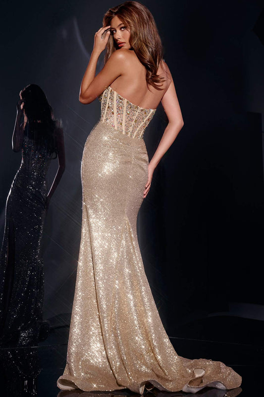 Strapless Beaded Gown with Sheer Corset Top 42206
