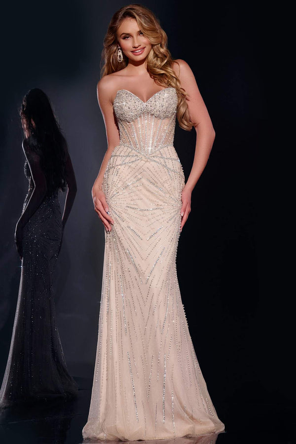 Strapless Beaded Gown with Sheer Corset Top 42206
