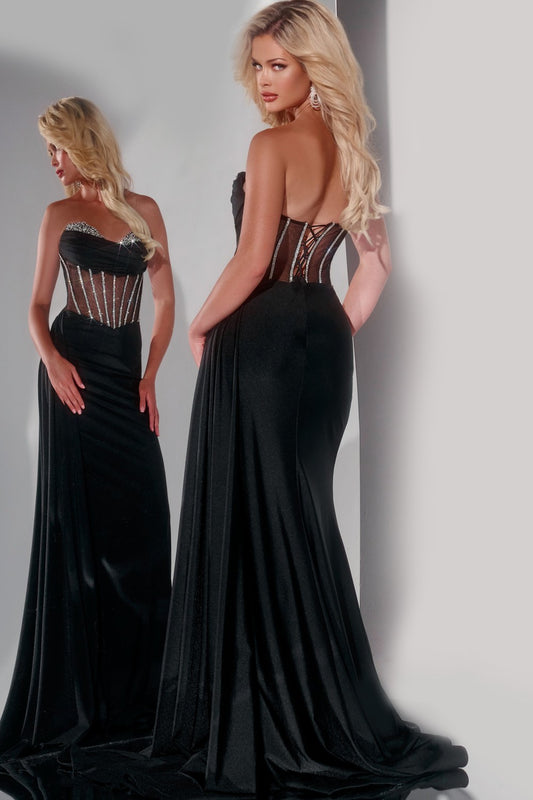 Strapless Gown with Sheer Corset and Side Slit 42226
