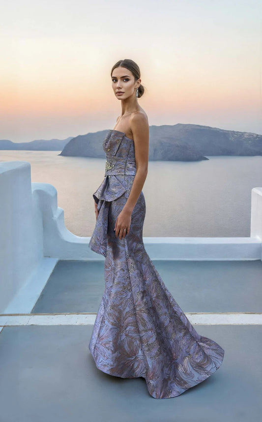 Terani Couture 261E6269 – Asymmetric Strapless Jacquard Mermaid Gown | Blue Rose