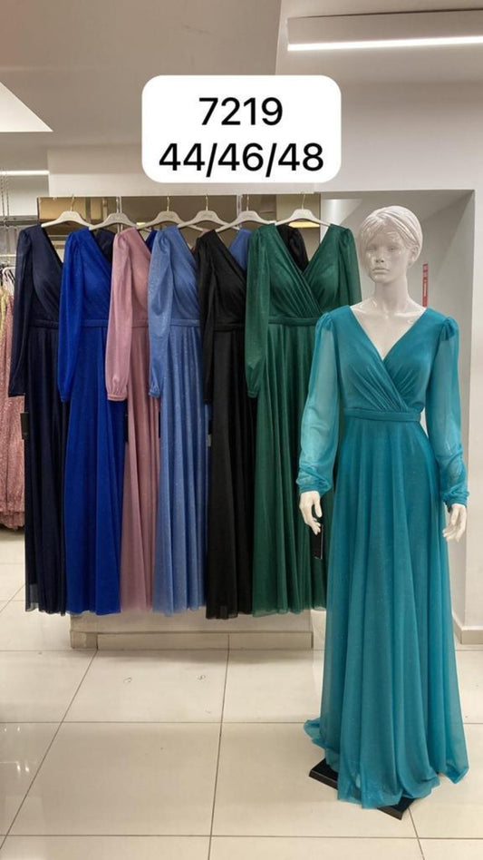 Belameur Gift Dress style 7219 – unbranded sheer-sleeve wrap evening gown