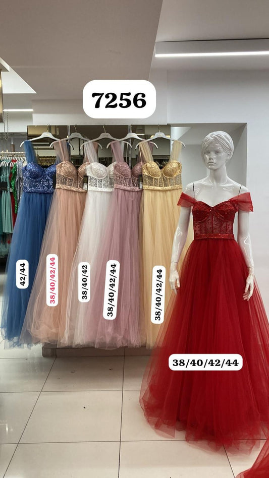 Belameur Gift Dress style 7256 – unbranded off-shoulder tulle formal evening gown