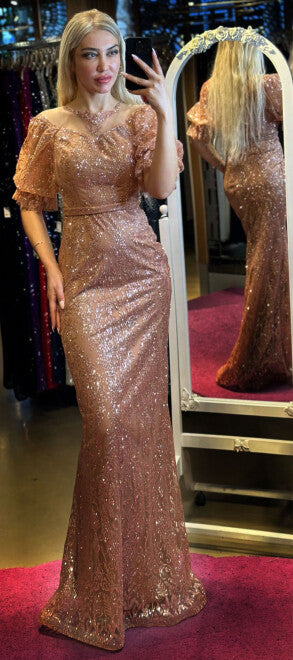 Belameur Gift Dress style 7278 – balloon-sleeve lace-detail glitter long evening dress