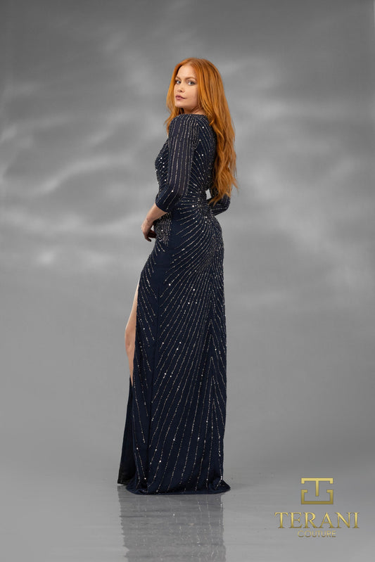 Terani Couture 251M4614 navy V-neck sequin sheath dress, back view